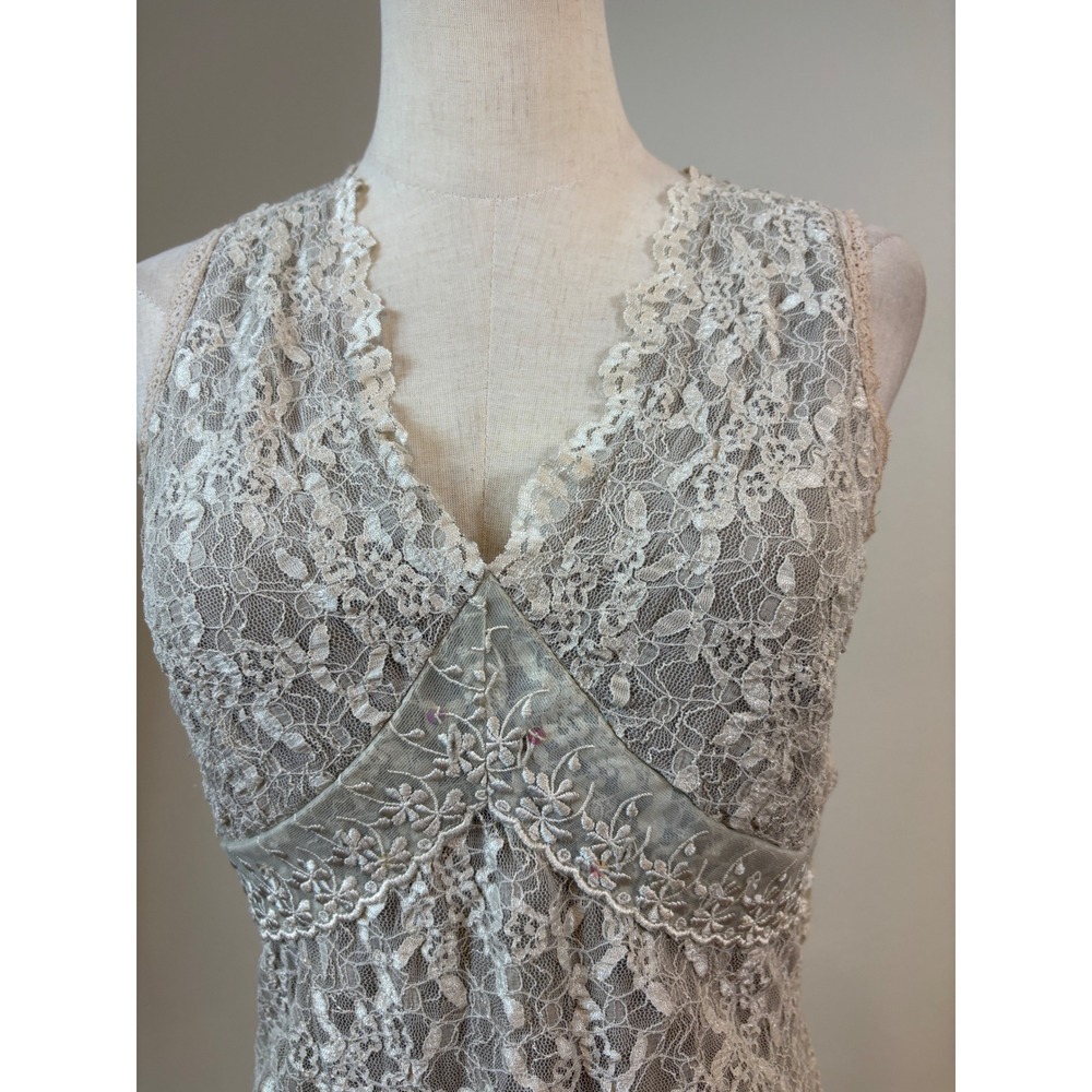 Vtg Y2K Babydoll Top M Gray Lace Embroidered Sleeveless Coquette going out cute - Picture 2 of 7